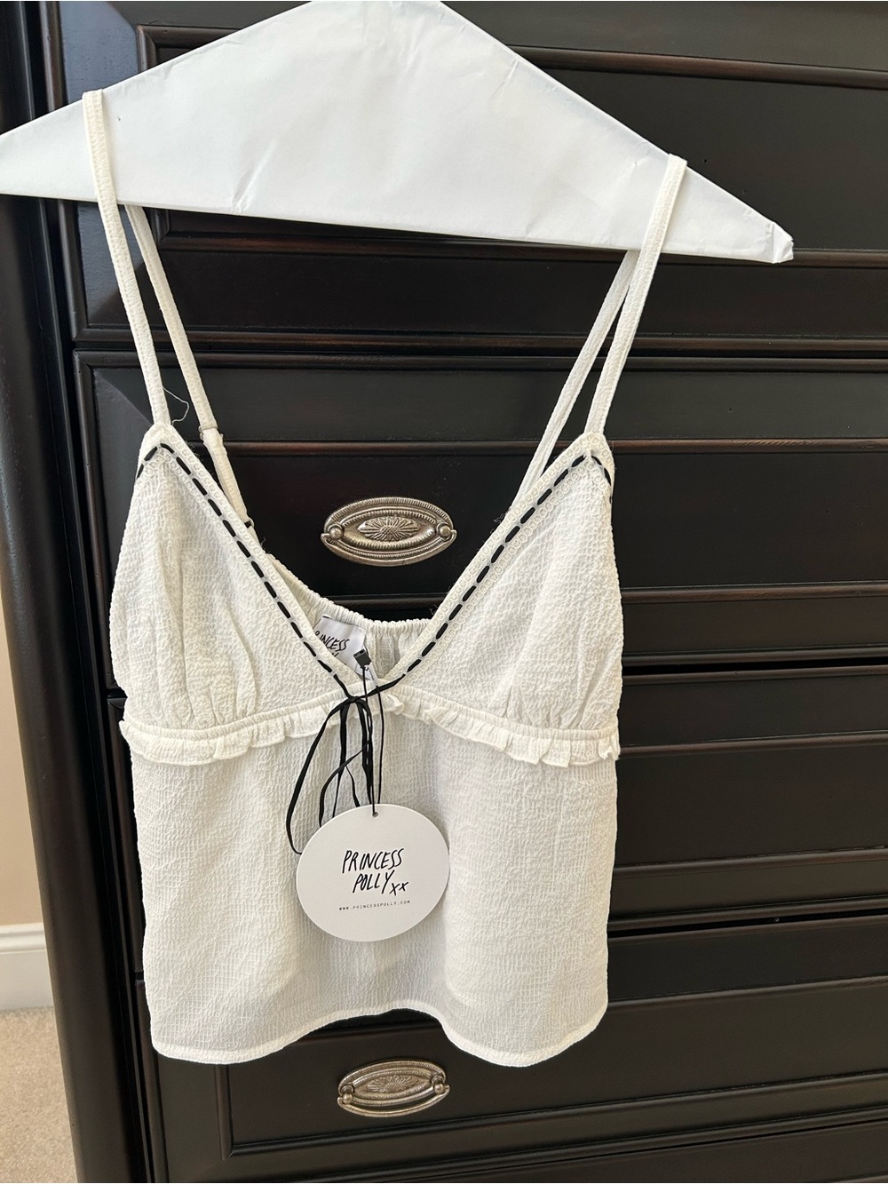 Princess Polly White Textured Ruffle Cami with Black Stitching